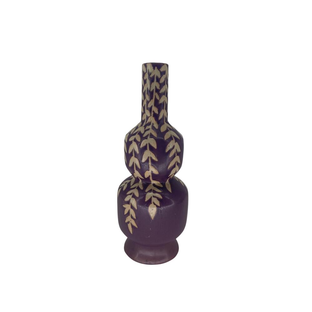 Vintage Purple Art Pottery Vase Double Gourd Leaf Pattern Matte Glaze